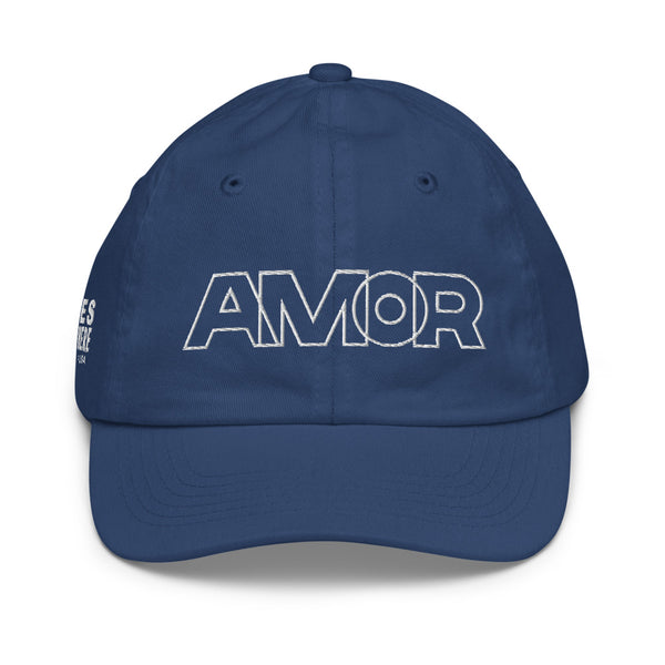 A boy’s black baseball cap featuring an original “Amor” design by Christian Hat Company, Loves Everywhere