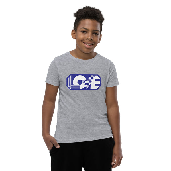 A young man is wearing an original, embroidered Christian T Shirt “Love” design on a grey short sleeve crew neck shirt by Christian Clothing Brand, Loves Everywhere 