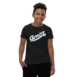 A boy is wearing an original, printed Christian T Shirt design on a black short sleeve crew neck shirt by Christian Clothing Brand, Loves Everywhere 