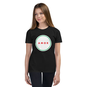 A girl is wearing a printed t-shirt featuring an original “Amor” design on a black shirt by Christian Shirt Company - Loves Everywhere